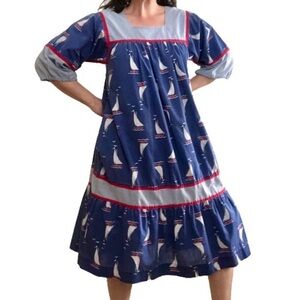 Vintage 70s RARE Krist Gudnason Sailboats Birds Nautical Boat House Dress Muumuu